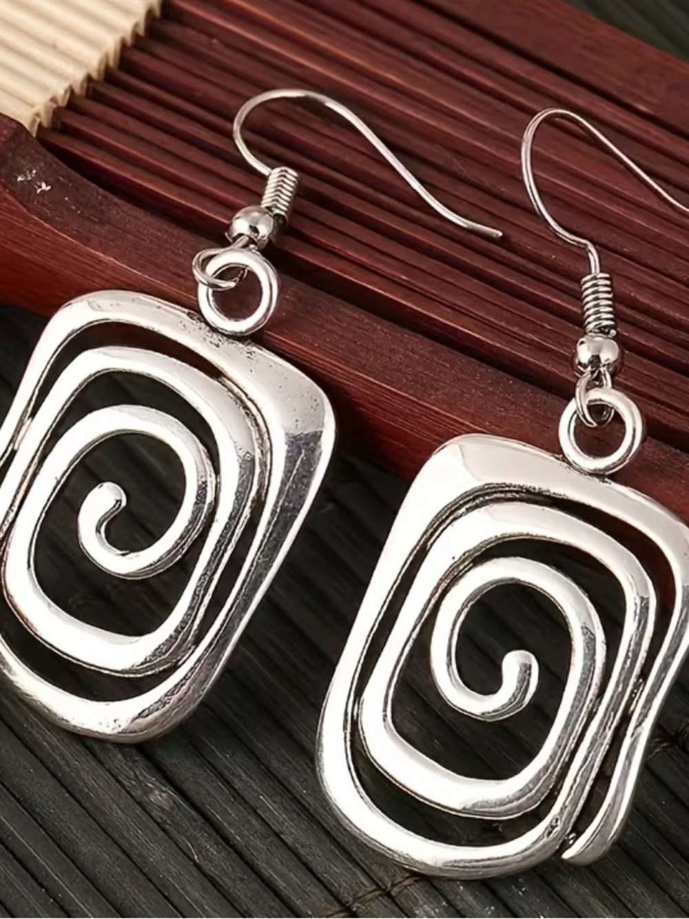 Silver Spiral Square Drop Earrings - Women Jewelry
